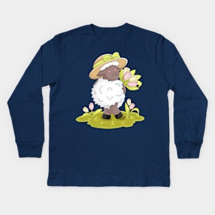 Kawaii Sheep Brings Beautiful Tulips Kids Long Sleeve T-Shirt